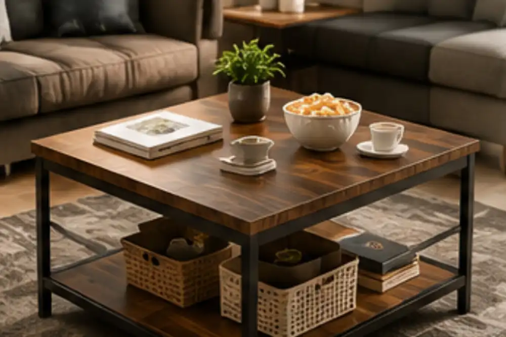Coffee table and side table arranged for group viewing at home