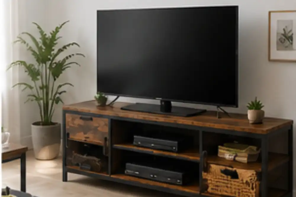 Industrial TV stand with storage for a European living room