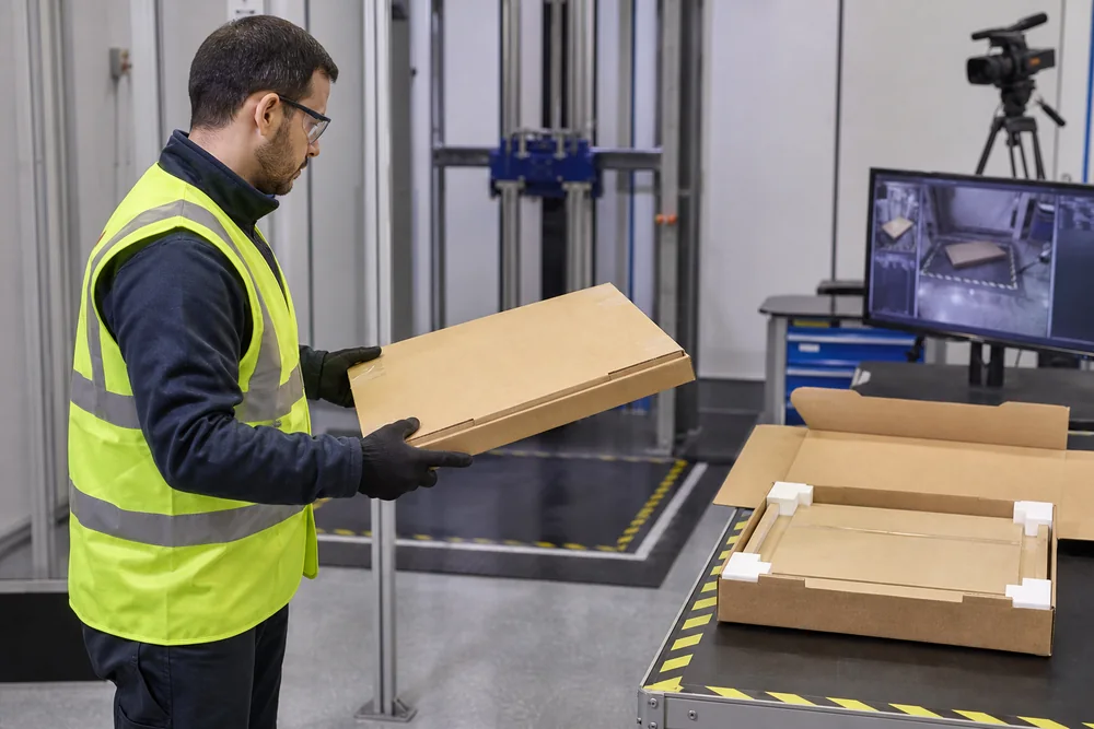 Technician validating compact flat-pack furniture packaging with a drop test