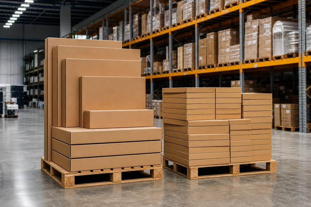Oversized and compact flat-pack furniture cartons compared in a warehouse