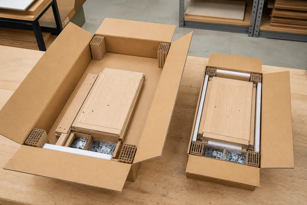 Flat-pack furniture packaging before and after carton-size optimization