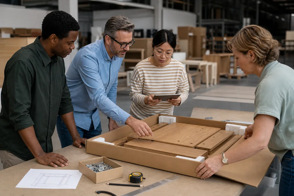 European furniture buyer and packaging engineers reviewing a compact carton