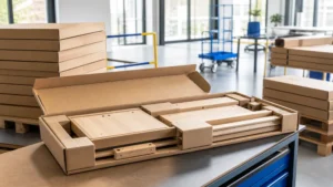 Compact flat-pack furniture packaging prepared for EU PPWR requirements